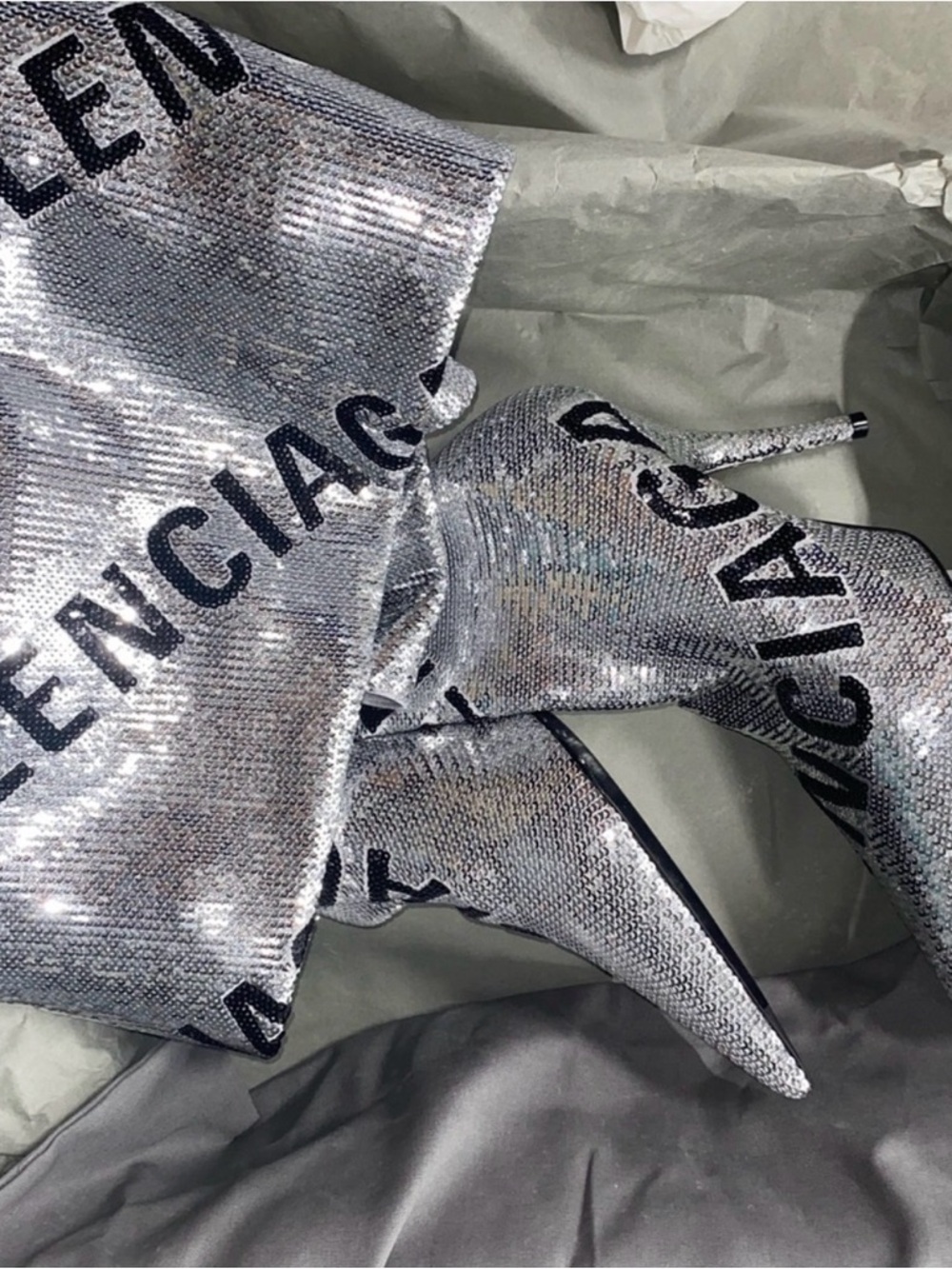 Balenciaga Silver Metallic Logo Thigh-High Stiletto Boots - Picture 3 of 7